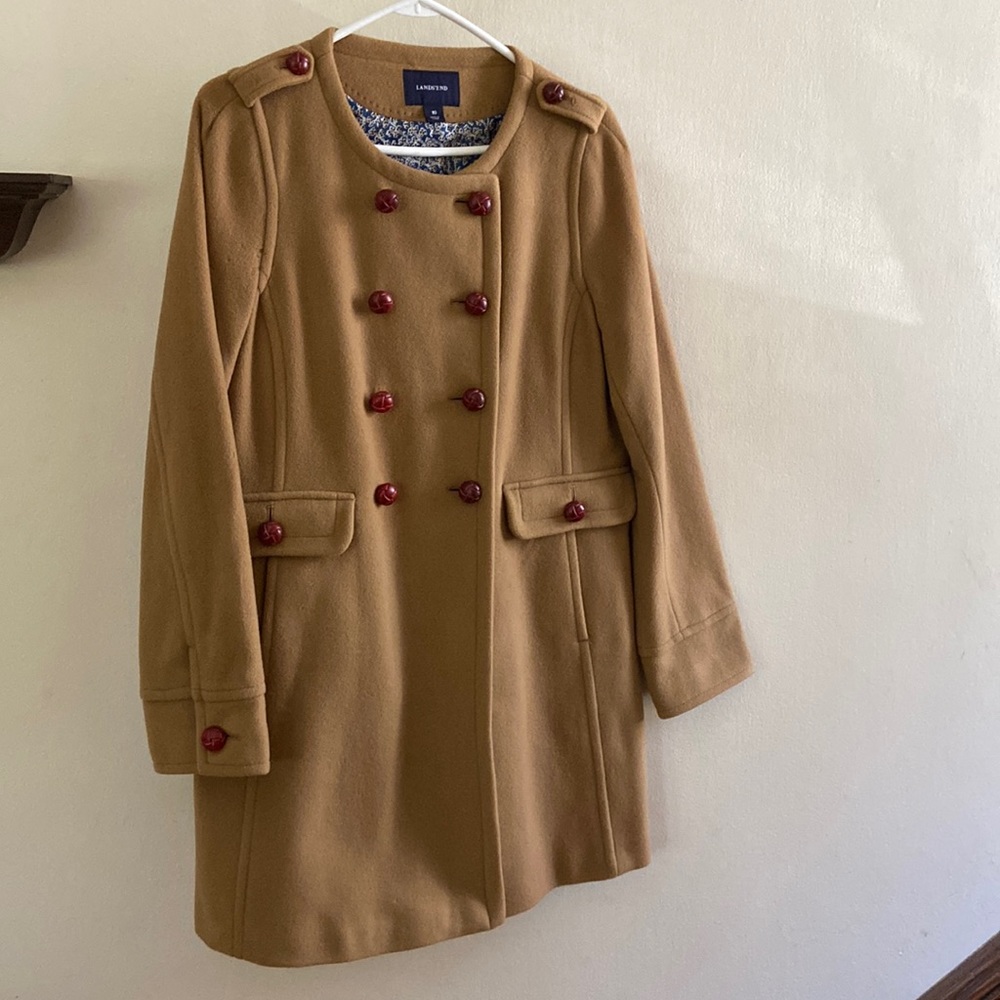 Lands End size 10, collarless wool coat, camel color